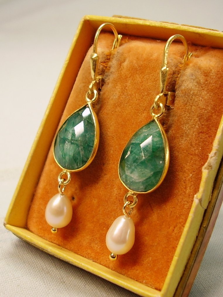 χωρίς τιμή ασφαλείας - Σκουλαρίκια Ασημί, Gold-plated - 11.20ct. tw. Σμαράγδι - Μαργαριτάρι - Σχέδιο χρυσοχοΐας #1.0