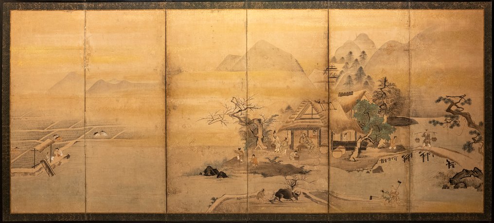 日本折叠屏风 - 纸, 木, 真丝, 一幅精美的六屏折叠屏风，描绘一幅农民劳作的山水画。 - 日本 - 明治时期（19世纪后期） #1.0