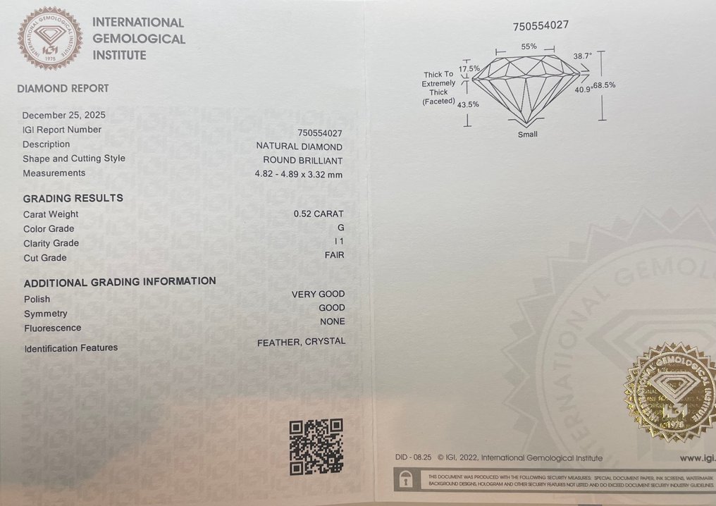 No reserve price - 1 pcs Diamond  (Natural)  - 0.52 ct - Round - G - I1 - International Gemological Institute (IGI) #2.1
