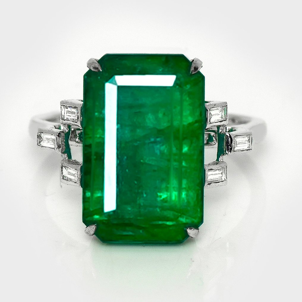 Sem preço de reserva - Anel - 14 K Ouro branco, IGI 9,07 ct Zambia Intense Green -  9.21ct. tw. Esmeralda - Diamante #1.0
