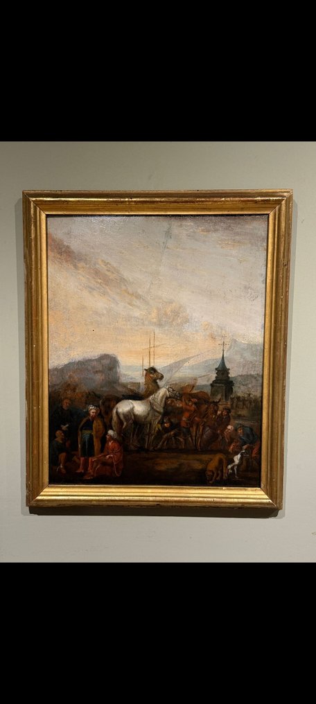 Johannes Lingelbach (1622-1674), Scuola di - Veduta di porto con animali e figure #2.1