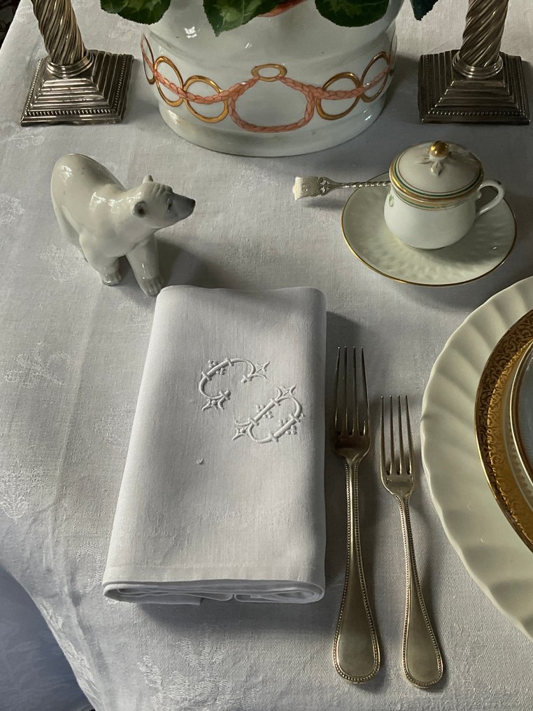 6 tidiga 1900-tals damastsilke- och linneservetter med initialerna C.D. - Servett - 70 cm - 85 cm #4.3