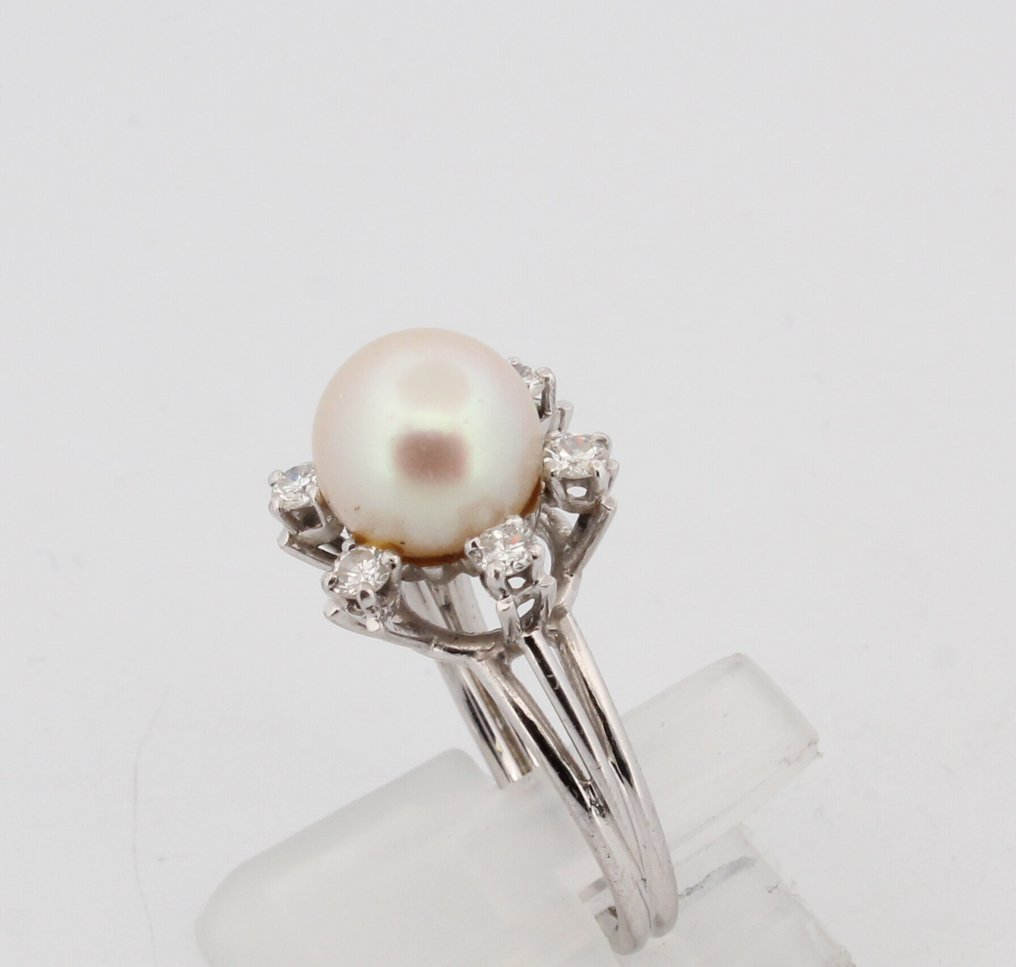 沒有保留價 - 戒指 - 18 克拉 白金 珍珠 - 鉆石 #4.3