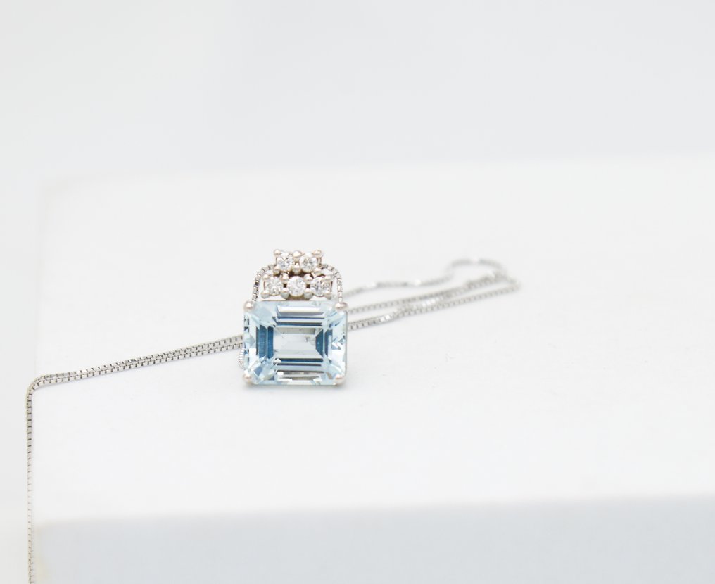 Colar com pingente - 18 K Ouro branco Água-marinha - Diamante #1.0