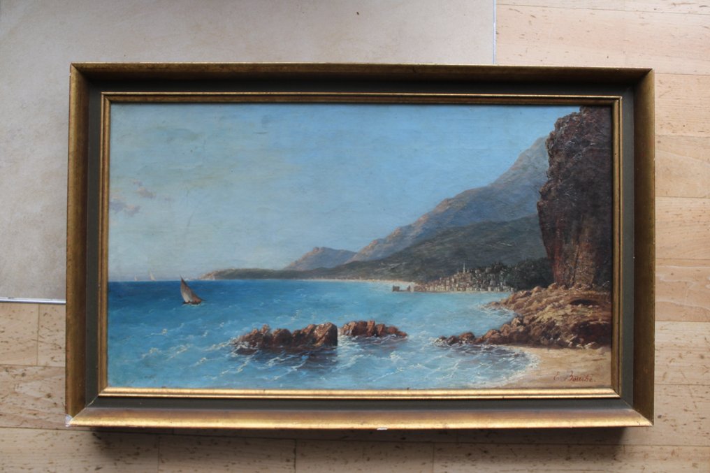 Louis Alphonse Ernest Bouche (1823-?) - Sonnige Mittelmeer Küste mit Stadt Ansicht #1.0