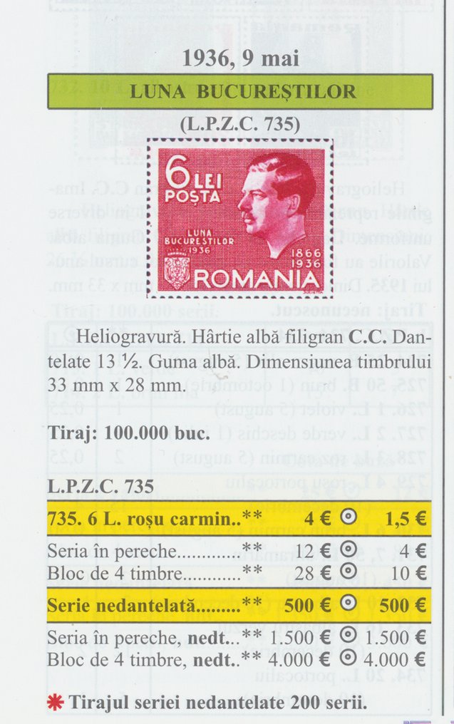 Ρουμανία 1936 - Ρουμανία 1936 Βουκουρέστι, μήνας, γραμματόσημο σε σπάνιο ζεύγος χωρίς διαχωριστικό MNH (εκδόθηκαν - Zimbrul Carpatin catalog of Romanian stamps nr.735a #1.0