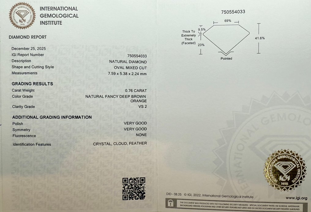 Sem preço de reserva - 1 pcs Diamante  (Colorido natural)  - 0.76 ct - Oval - Fancy deep Castanho Laranja - VS2 - International Gemological Institute (IGI) #2.1