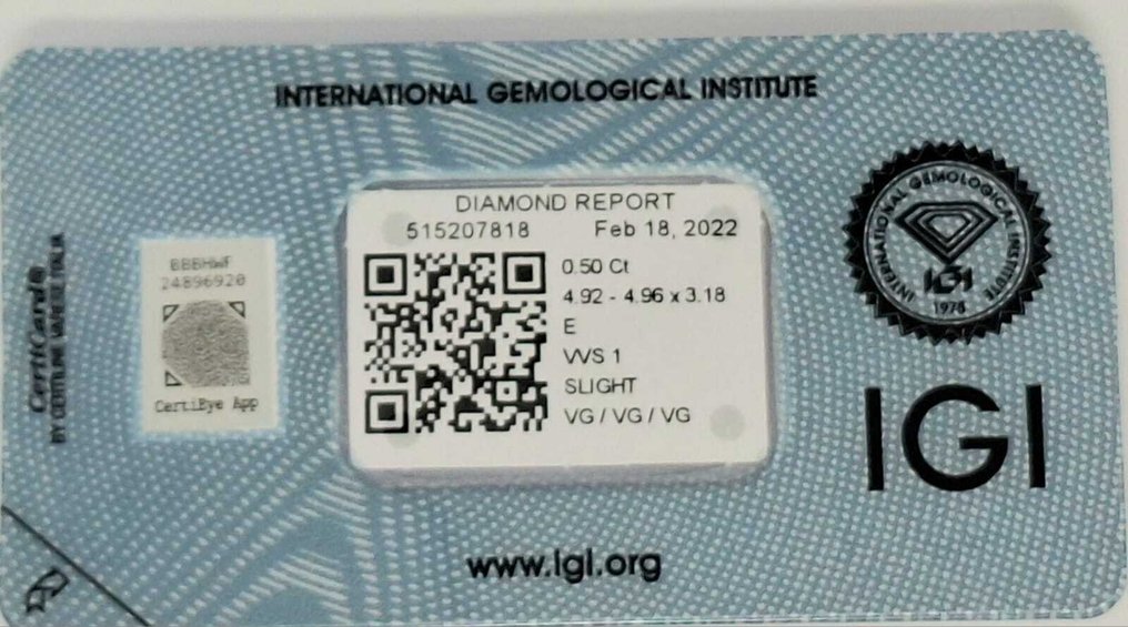 1 pcs Diamant  (Natural)  - 0.50 ct - Rotund - E - VVS1 - IGI (Institutul gemologic internațional) #2.1