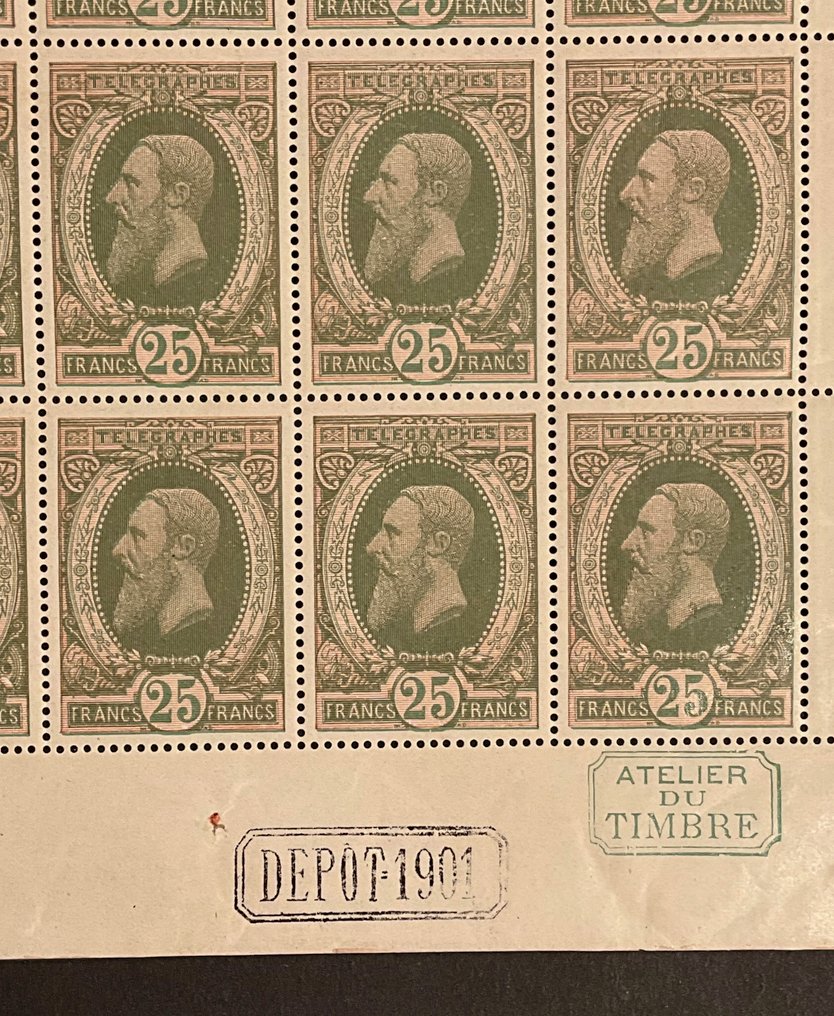 比利時 1869 - 电报邮票 - 25法郎 深紫色，完整的整张，存放编号 1901 - OBP/COB F TG10 #1.0