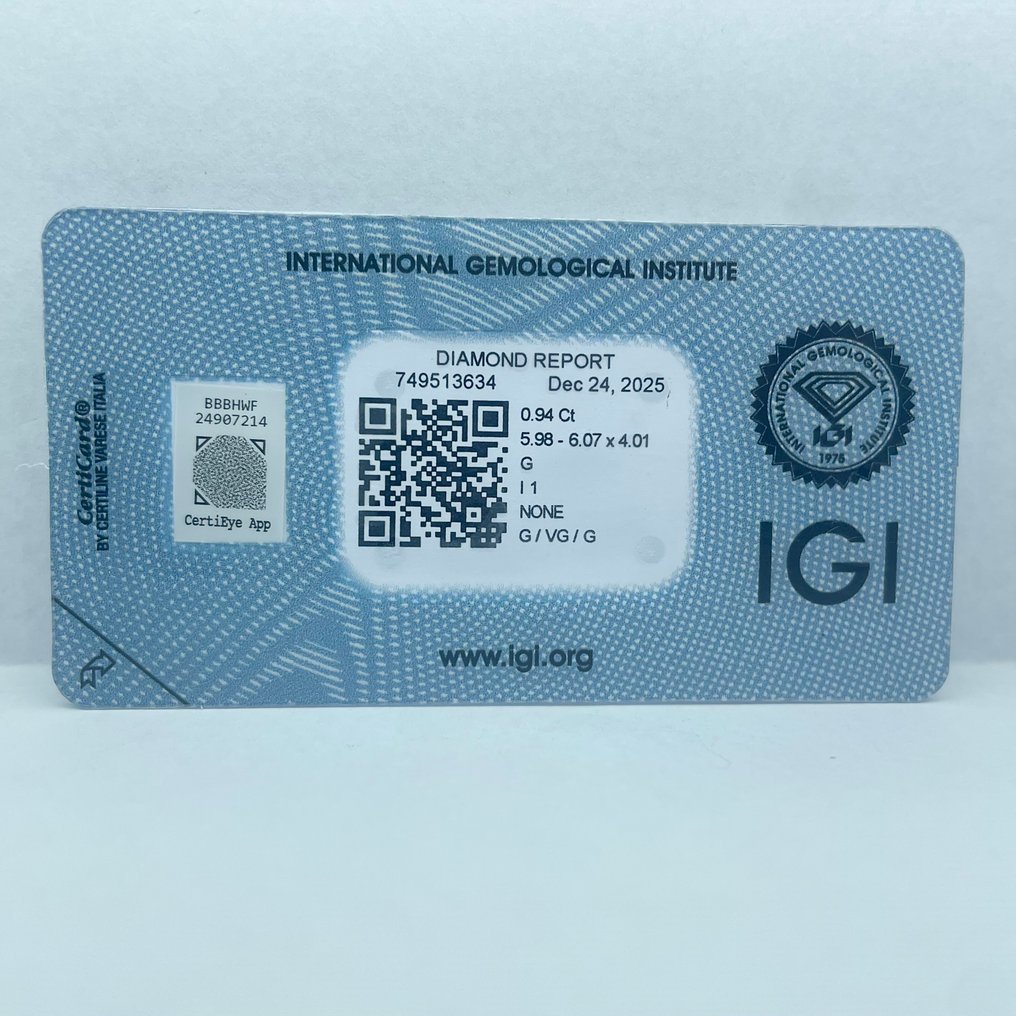 没有保留价 - 1 pcs 钻石 (天然) - 0.94 ct - 圆形 - G - I1 内含一级 - 国际宝石研究院(IGI) #4.3