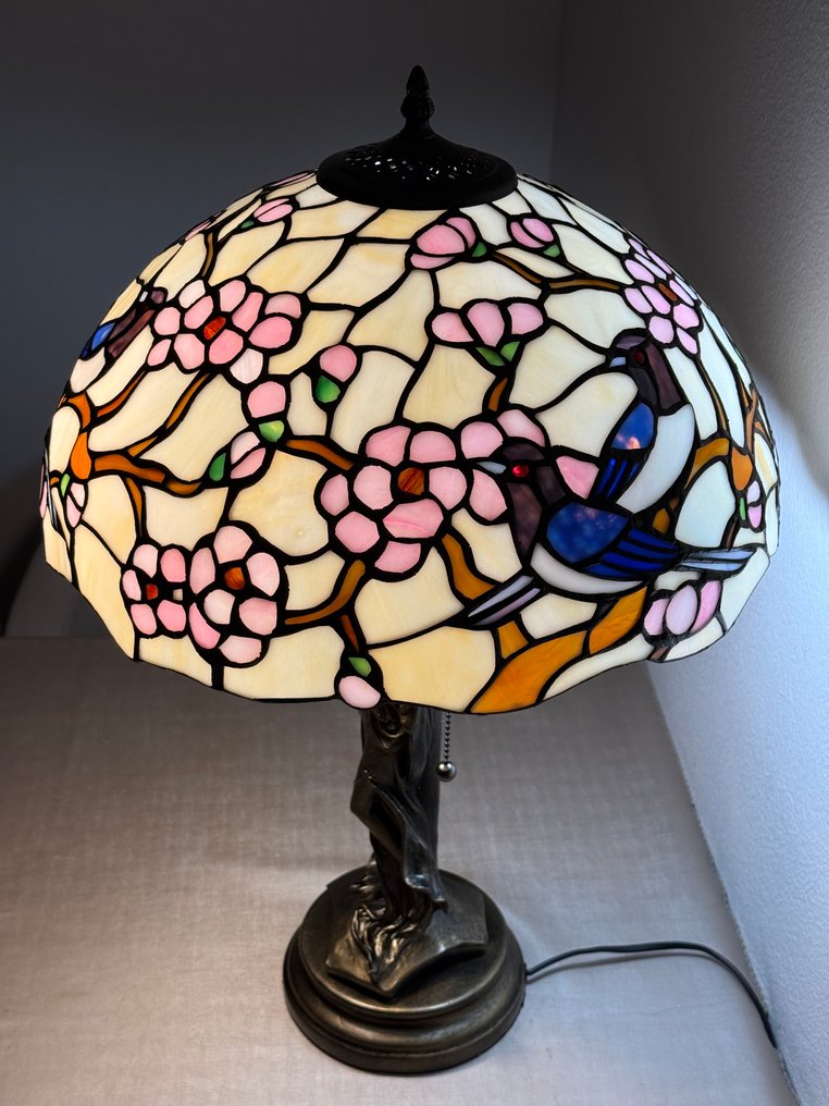 XXL Tiffany stijl tafellamp Art Nouveau Bronze Maiden lamp met 2 lichtpunten Ø 40x60cm! - Tafellamp - Glas in lood, metaal #3.2