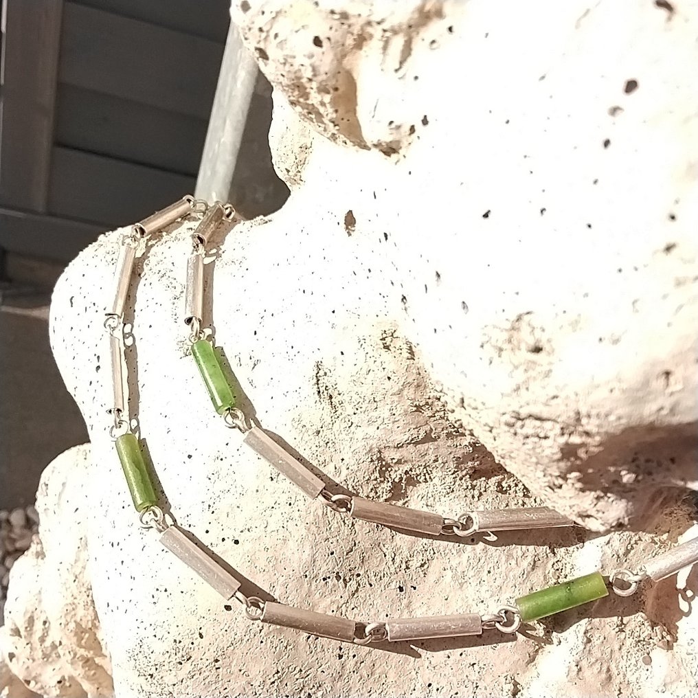 没有保留价 - 项链 复古银色棒链，配绿色玉石/纯银/925 玉 #2.1