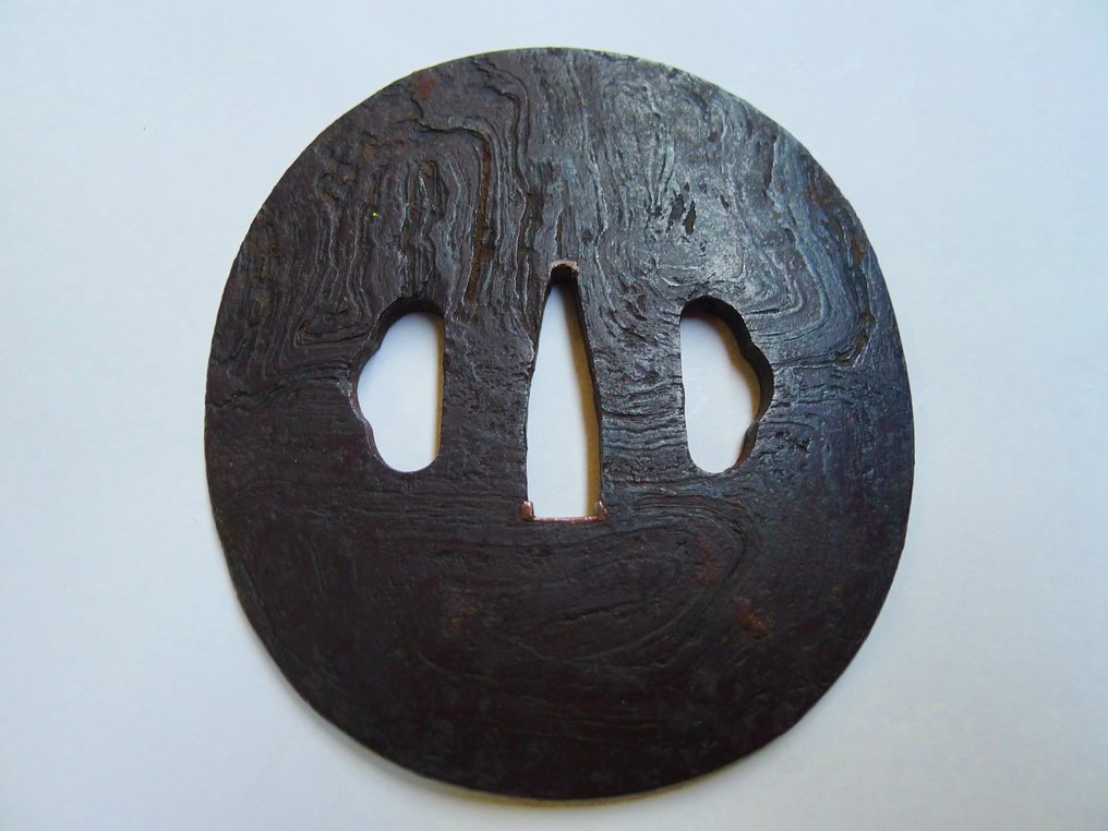 精美水纹雕刻图案的刀锢，附带盒子 - 铜 - 日本 - Mid Edo period #2.1