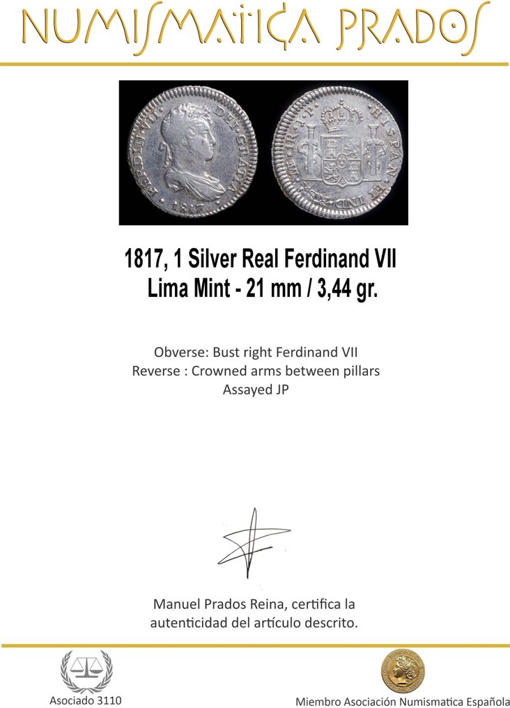 西班牙. 斐迪南七世. Real 1817 Lima, Ensayador JP  (沒有保留價) #1.0