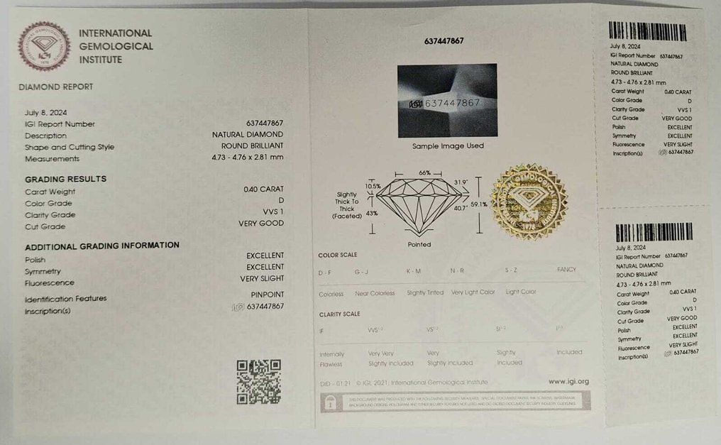 1 pcs Διαμάντι (Φυσικό) - 0.40 ct - Στρογγυλό - D (άχρωμο) - VVS1 - International Gemological Institute (IGI) #2.1