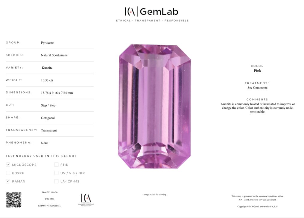 χωρίς τιμή ασφαλείας - 1 pcs  Ροζ Κουνζίτης  - 10.33 ct - Διεθνής Ένωση Έγχρωμων Πολύτιμων Λίθων (ICA GemLab) - Φυσική spodumene #1.0