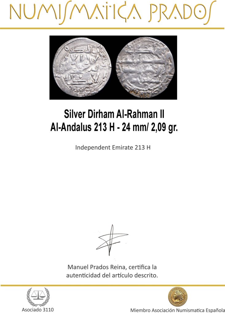 Califfato di Cordova. Al-Rahman II. Dirham Al-Andalus 213 H (Senza prezzo di riserva) #1.0