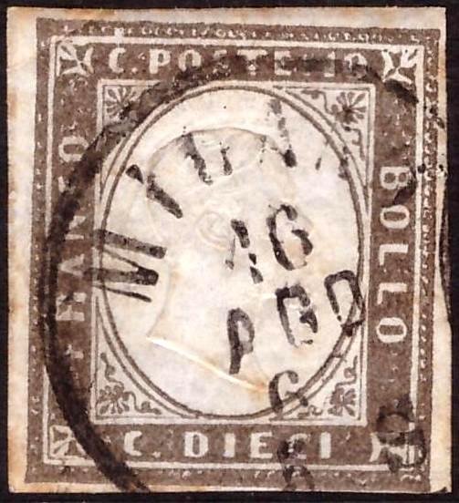 Italian antiikkivaltiot - Sardinia 1860 - 10 c. nero grigiastro - Sassone 14Bc #1.0