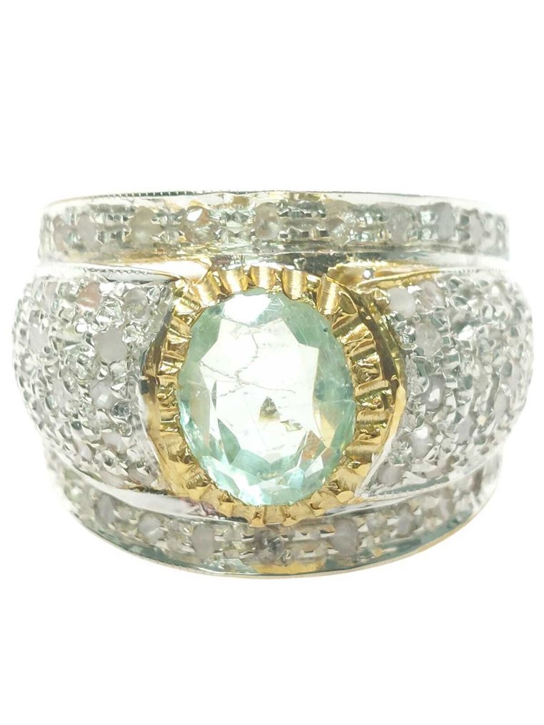 Utan reservationspris - Ring - 9 k Silver, Gult guld Akvamarin - Diamant #1.0