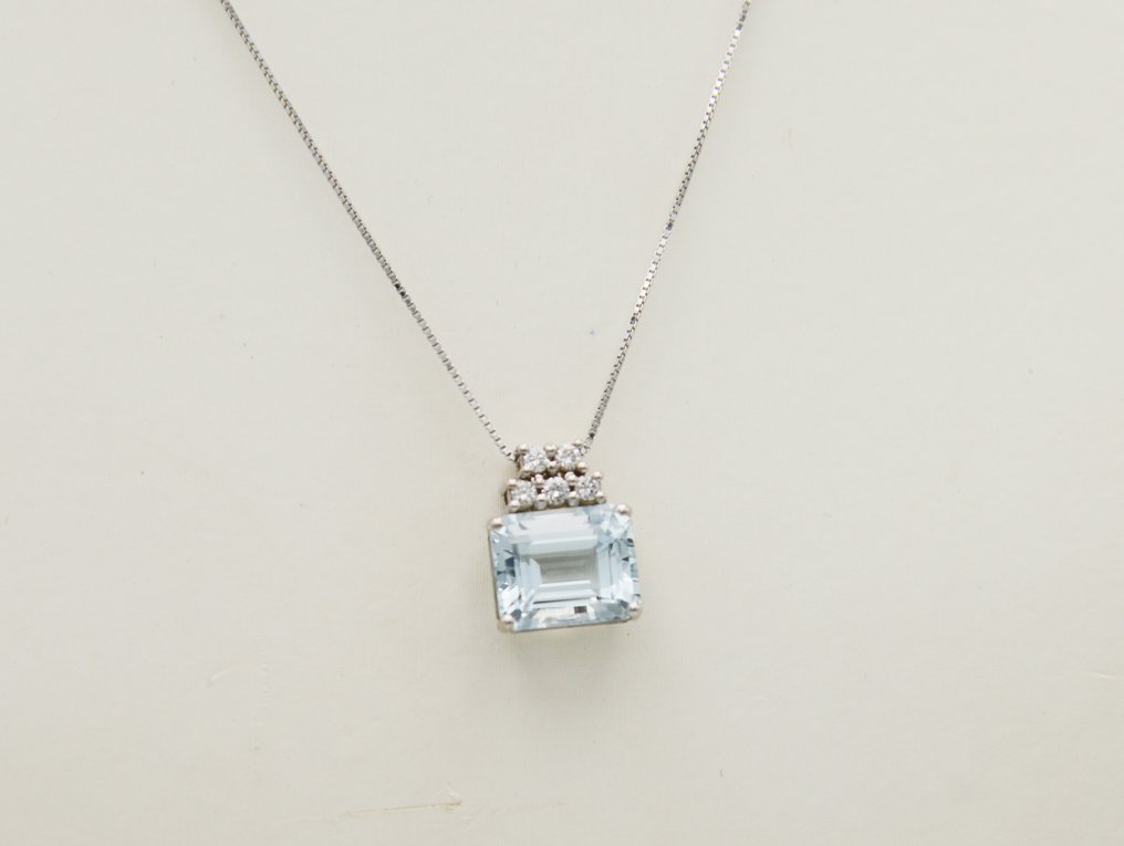 Colar com pingente - 18 K Ouro branco Água-marinha - Diamante #1.0