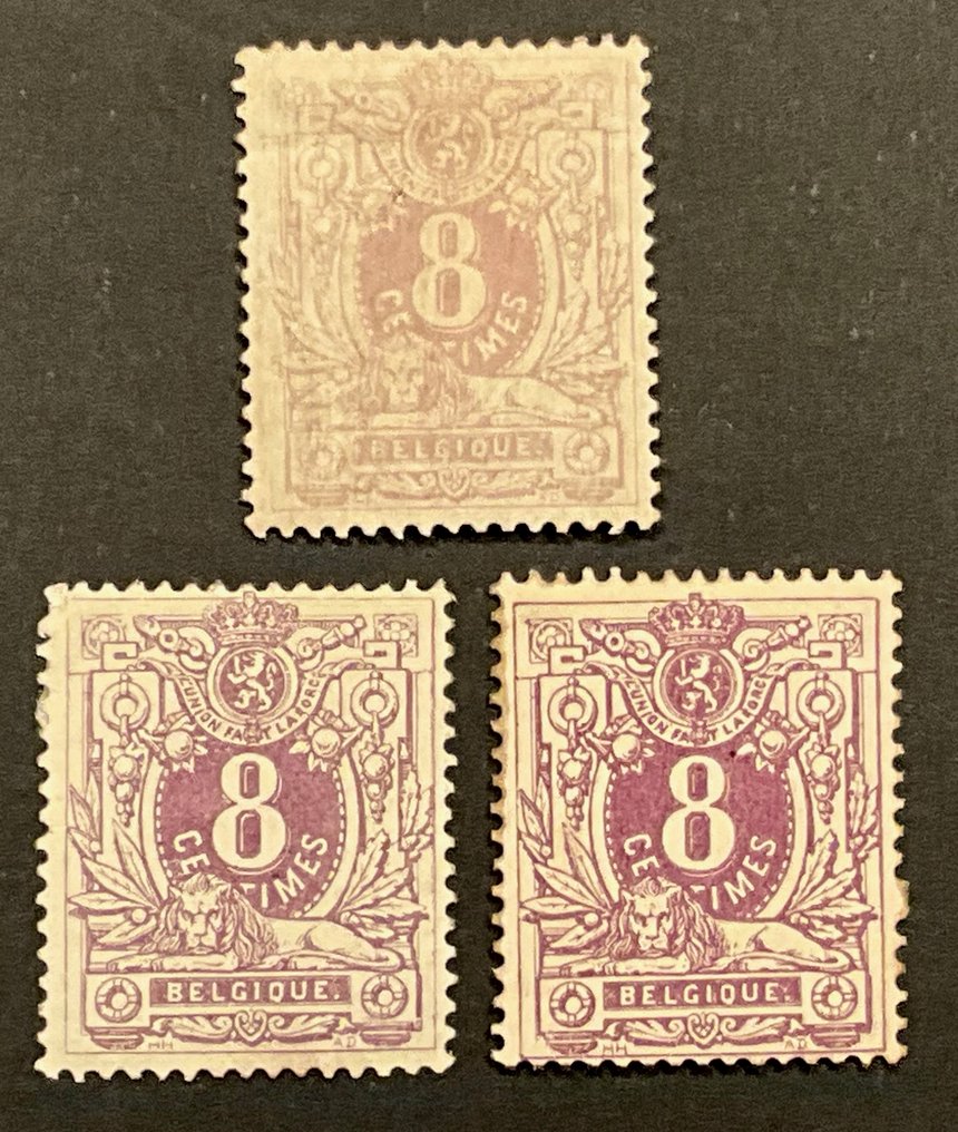 比利时 1869/1883 - 卧狮 - 8c 在三种色调中 - OBP/COB 29+29a+29b #2.1