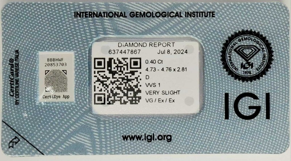 1 pcs Διαμάντι (Φυσικό) - 0.40 ct - Στρογγυλό - D (άχρωμο) - VVS1 - International Gemological Institute (IGI) #3.2
