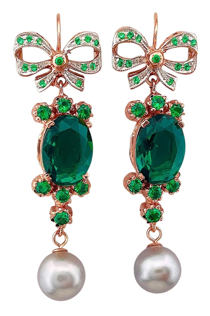 没有保留价 - 耳环 - 9 kt. 玫瑰金, 银 祖母绿 - 珍珠 #4.3