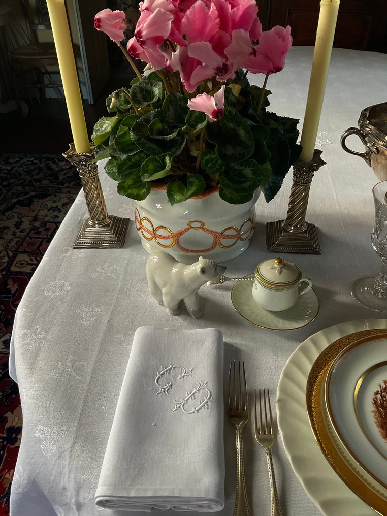 6 tidiga 1900-tals damastsilke- och linneservetter med initialerna C.D. - Servett - 70 cm - 85 cm #3.2