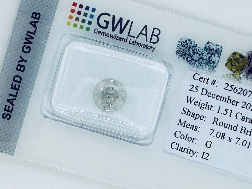 Zonder minimumprijs - 1 pcs Diamant  (Natuurlijk)  - 1.51 ct - Rond - G - P2 - Gemewizard Gemological Laboratory (GWLab) #1.0