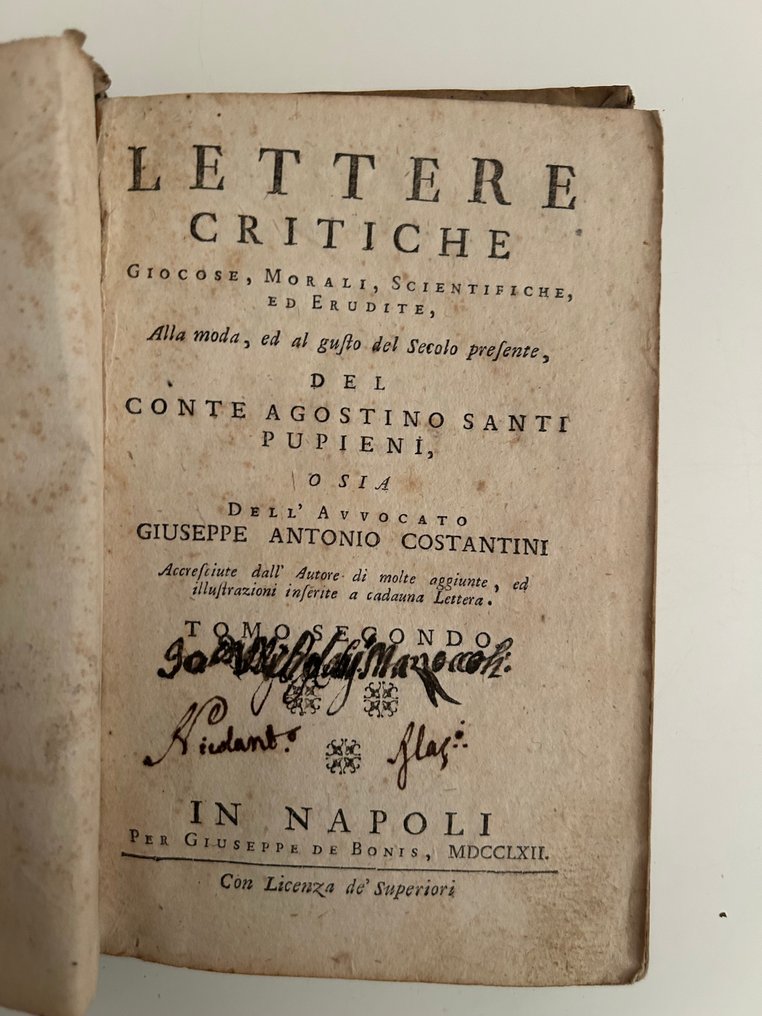 Conte Agostino Santi Pupieni; Giuseppe Antonio Costantini - Lettere critiche - 1762 #1.0