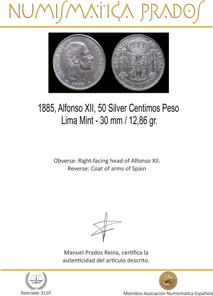 Spagna. Alfonso XII. 50 Centavos de Peso 1885. Manila (Senza prezzo di riserva) #1.0