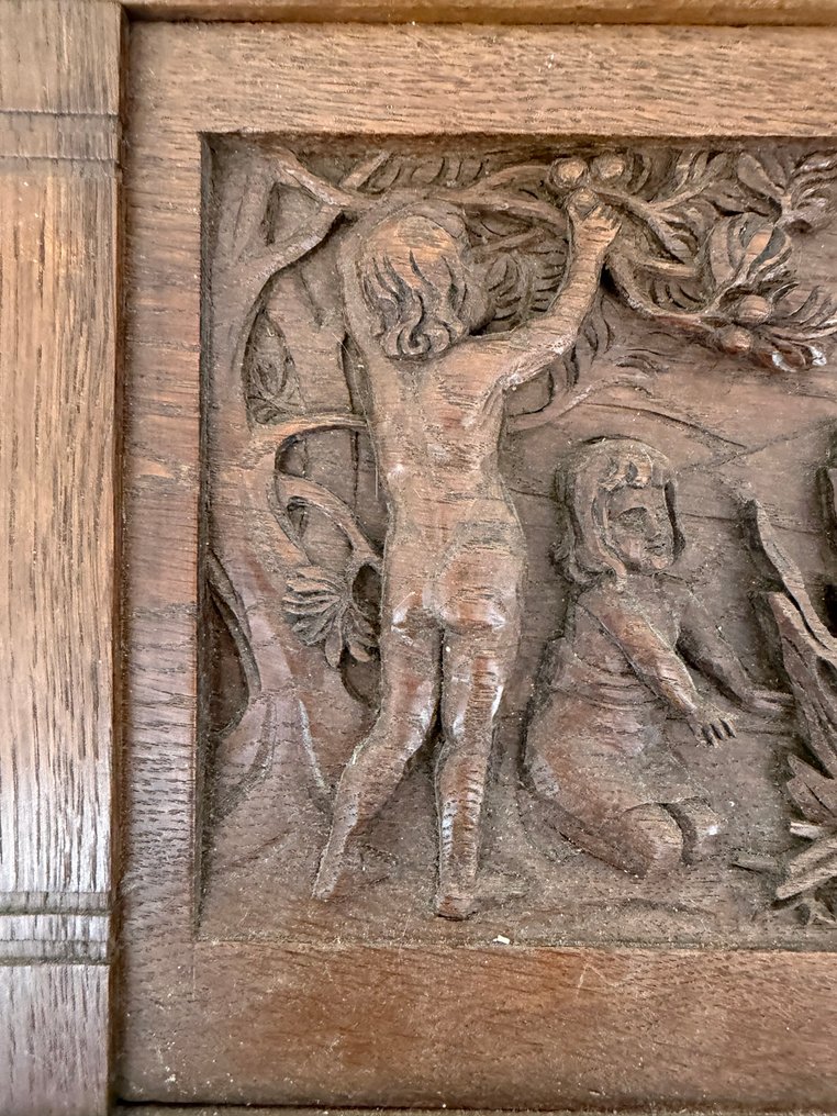 浮雕, Figuren rond een vuur - 36 cm - 木 - 1900 #1.0