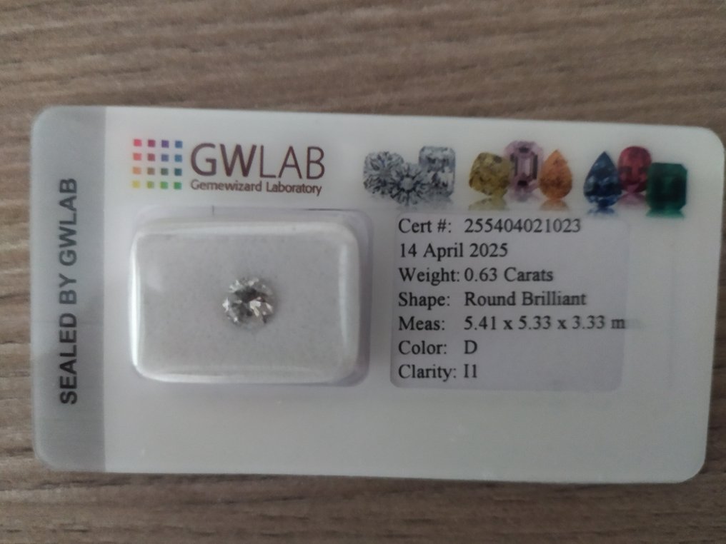 1 pcs Diamante (Naturale) - 0.63 ct - D (incolore) - I1 - Gemewizard Gemological Laboratory (GWLab) #1.0