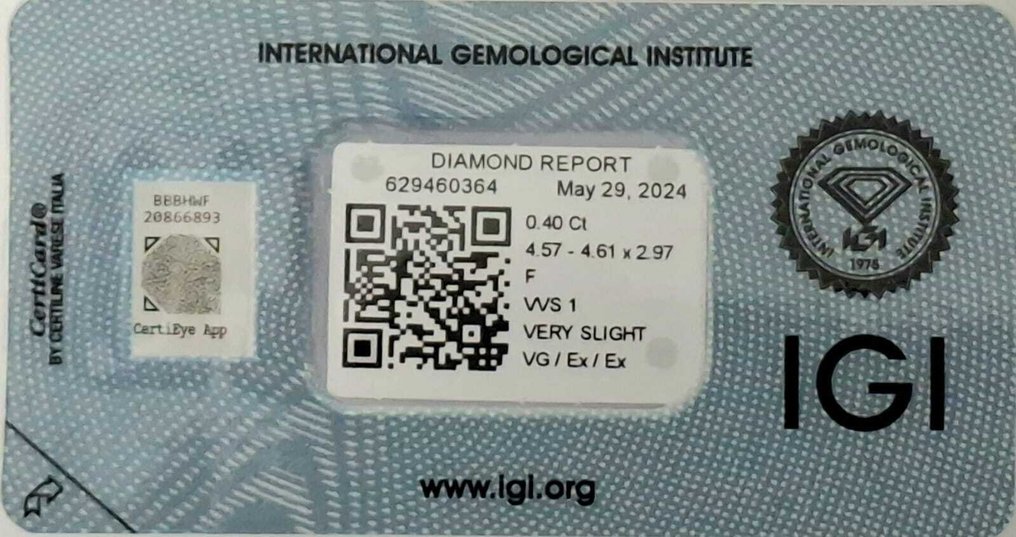 1 pcs Timantti  (Luonnollinen)  - 0.40 ct - Pyöreä - F - VVS1 - Kansainvälinen gemologinen instituutti (IGI) #1.0