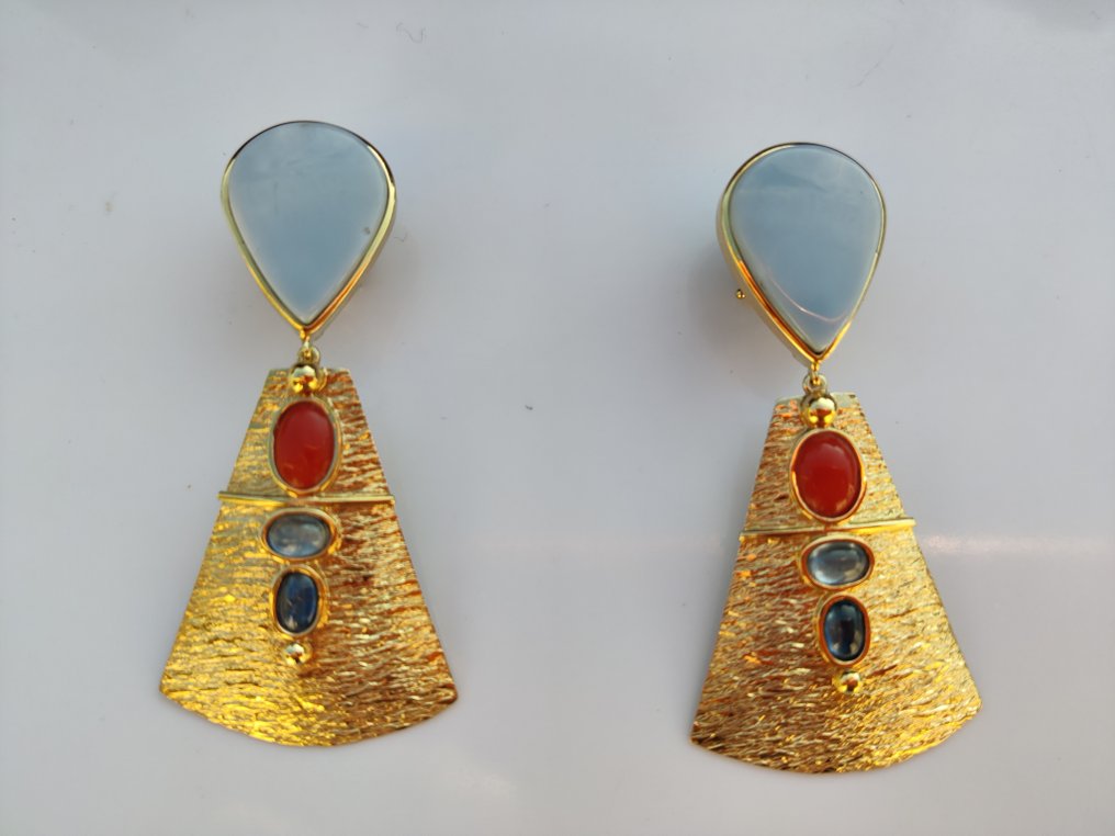 沒有保留價 - 耳環 銀 -  30.00ct. tw. 珊瑚 - 蛋白石 - Ethnos Design #1.0