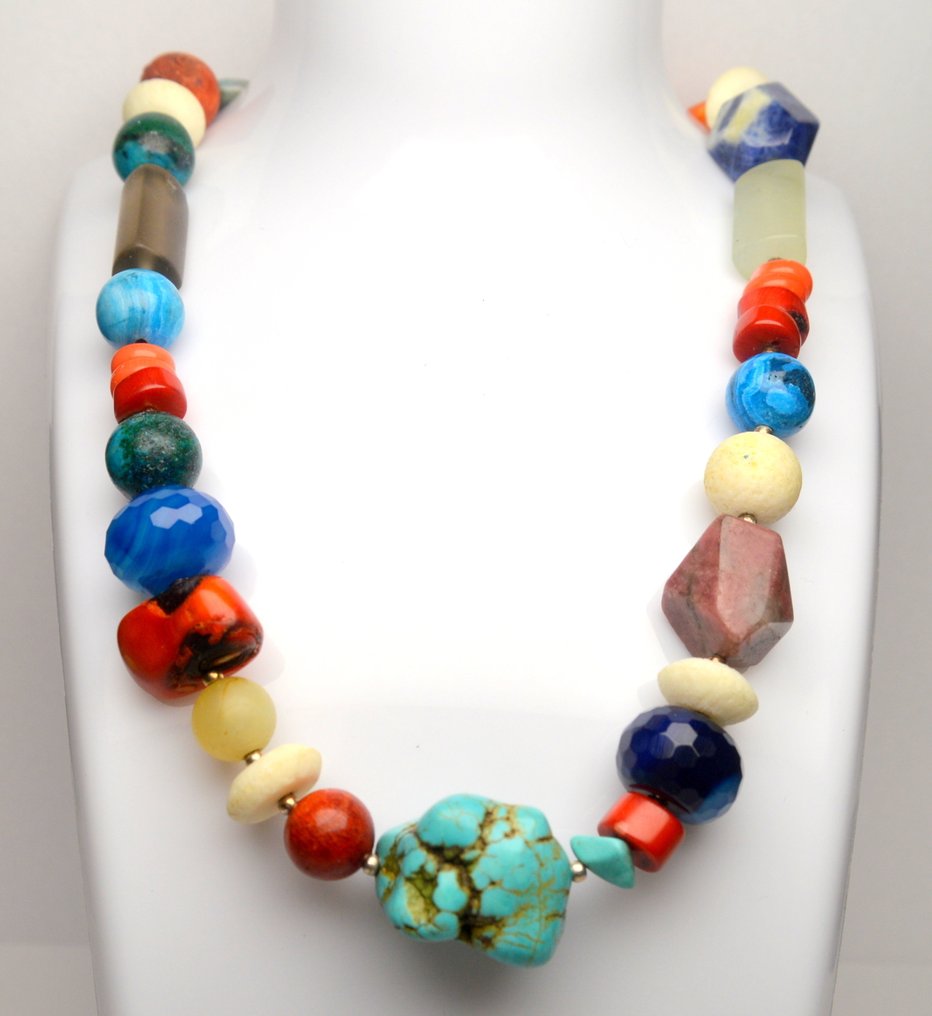 Türkis - 925 Silber - Türkis, Koralle, Sodalith, Achat, Amazonit - Halskette #1.0