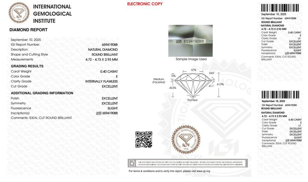 χωρίς τιμή ασφαλείας - 1 pcs Διαμάντι  (Φυσικό)  - 0.40 ct - Στρογγυλό - E - IF - International Gemological Institute (IGI) - *3EX SL* #2.1