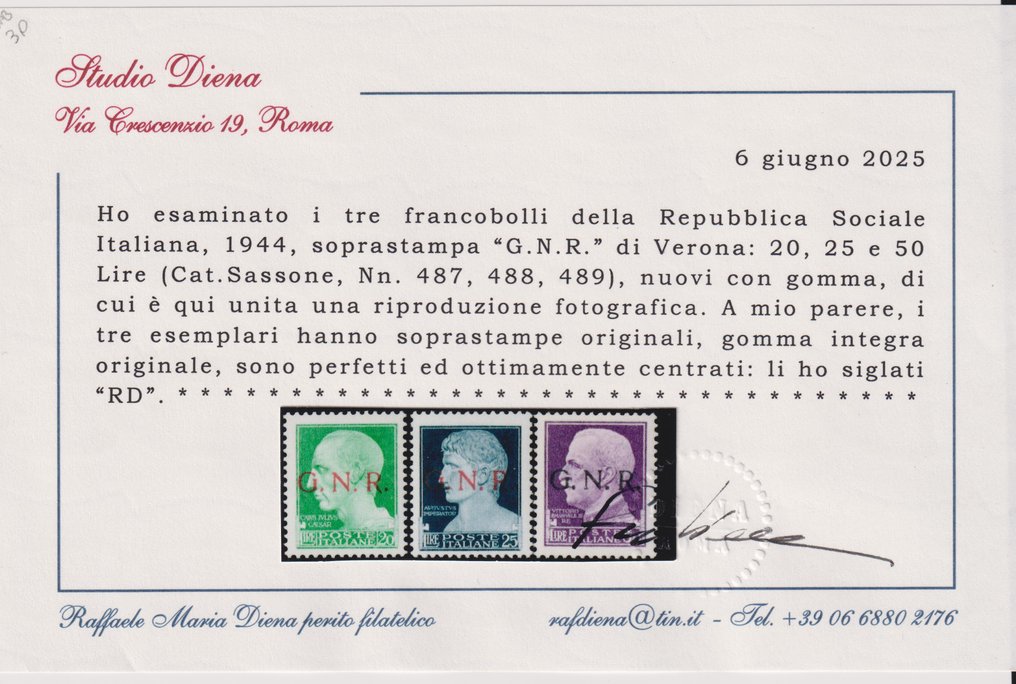 Ιταλία Βασίλειο 1944/1944 - Γ.Ν.Ρ. Ταχυδρομείο κανονικό Βερόνα, ολοκληρη σειρά, MNH, πιστοποιητικό Diena - Sassone  n° 487-89 #4.3