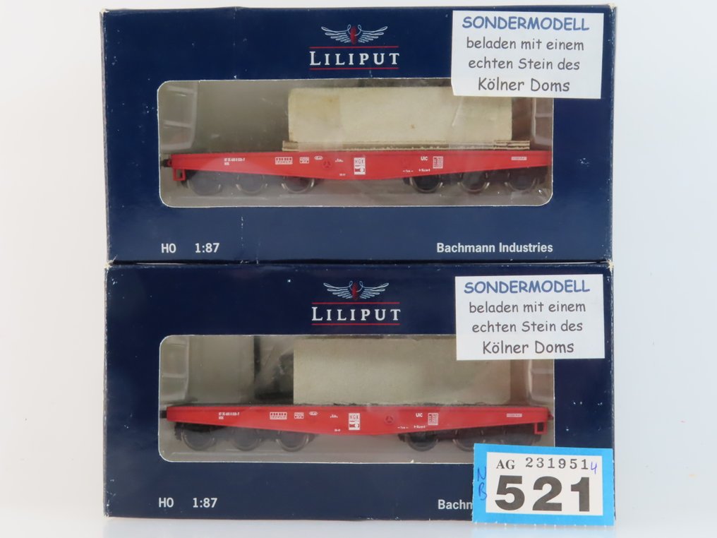 Liliput H0 - L221209 - 模型貨運火車 (2) - 两辆6轴板车，用于重型运输，载重为科隆大教堂的真石块。 - HGK #2.1