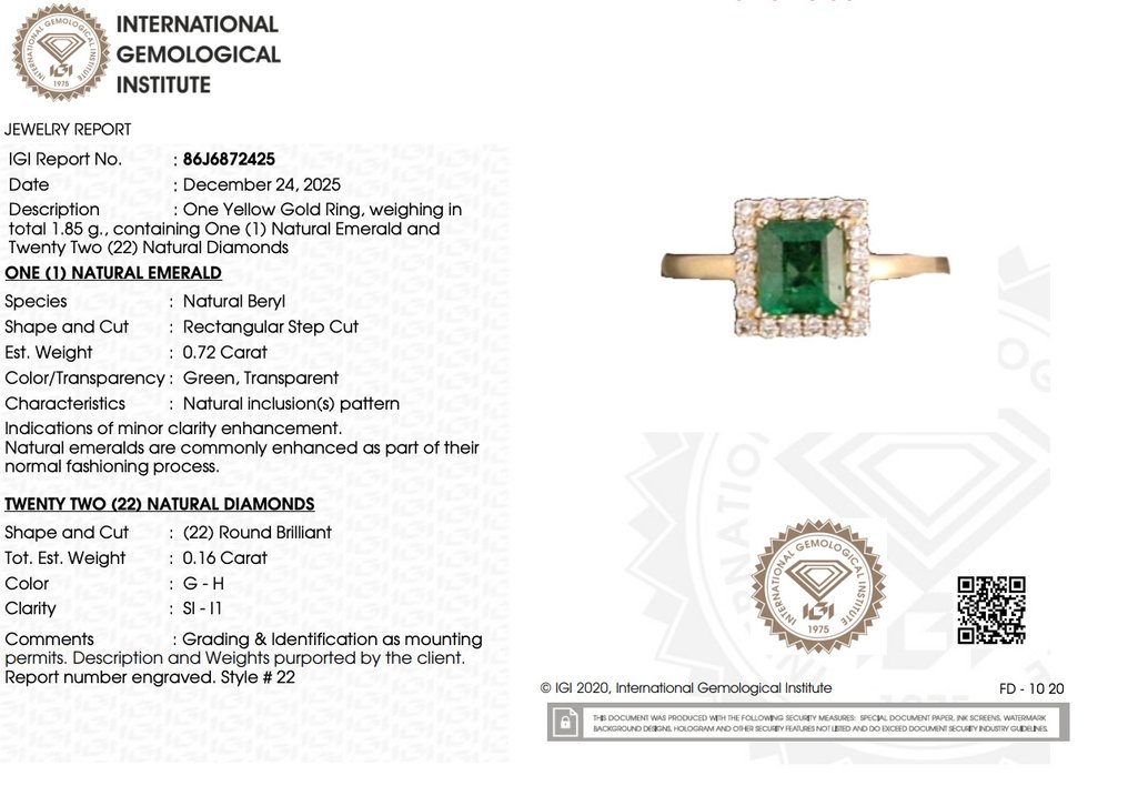 Bague - 14 carats Or jaune Émeraude - Diamant #2.1