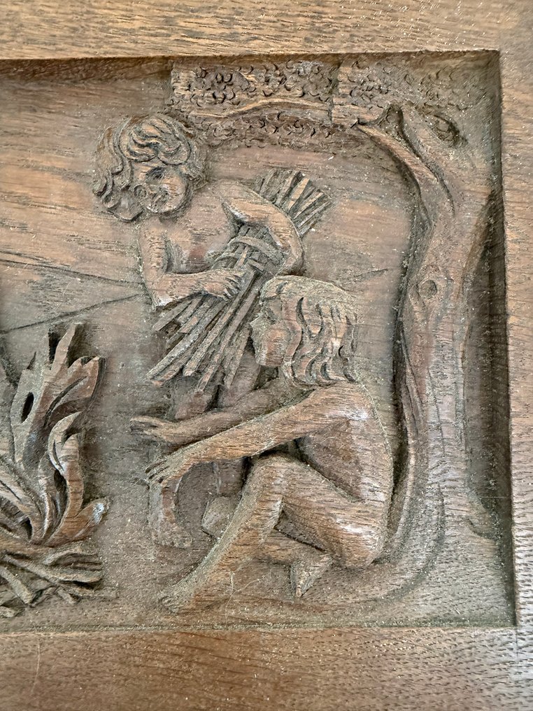 浮雕, Figuren rond een vuur - 36 cm - 木 - 1900 #3.2