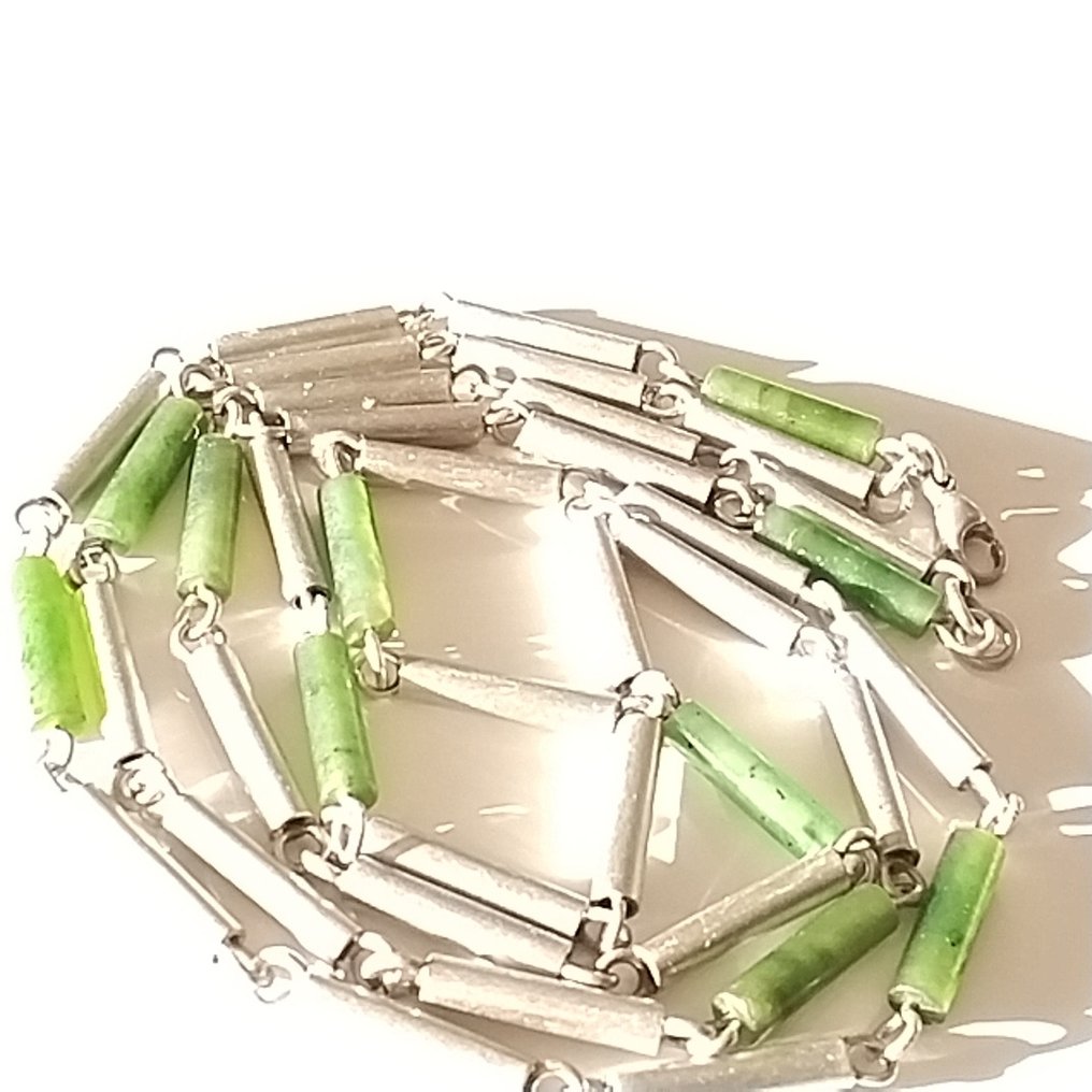 没有保留价 - 项链 复古银色棒链，配绿色玉石/纯银/925 玉 #1.0