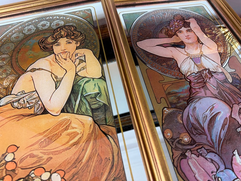 Mucha, Alphonse (après) - Espejo de pared (2)- "La Topaze" y "L'Amethyste" - Cristal - Precious Stones 57 cm. #3.2