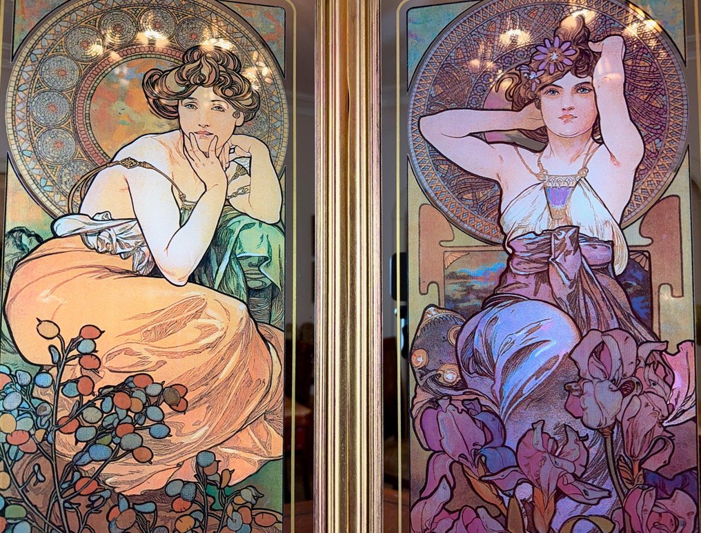 Mucha, Alphonse (après) - Espejo de pared (2)- "La Topaze" y "L'Amethyste" - Cristal - Precious Stones 57 cm. #1.0