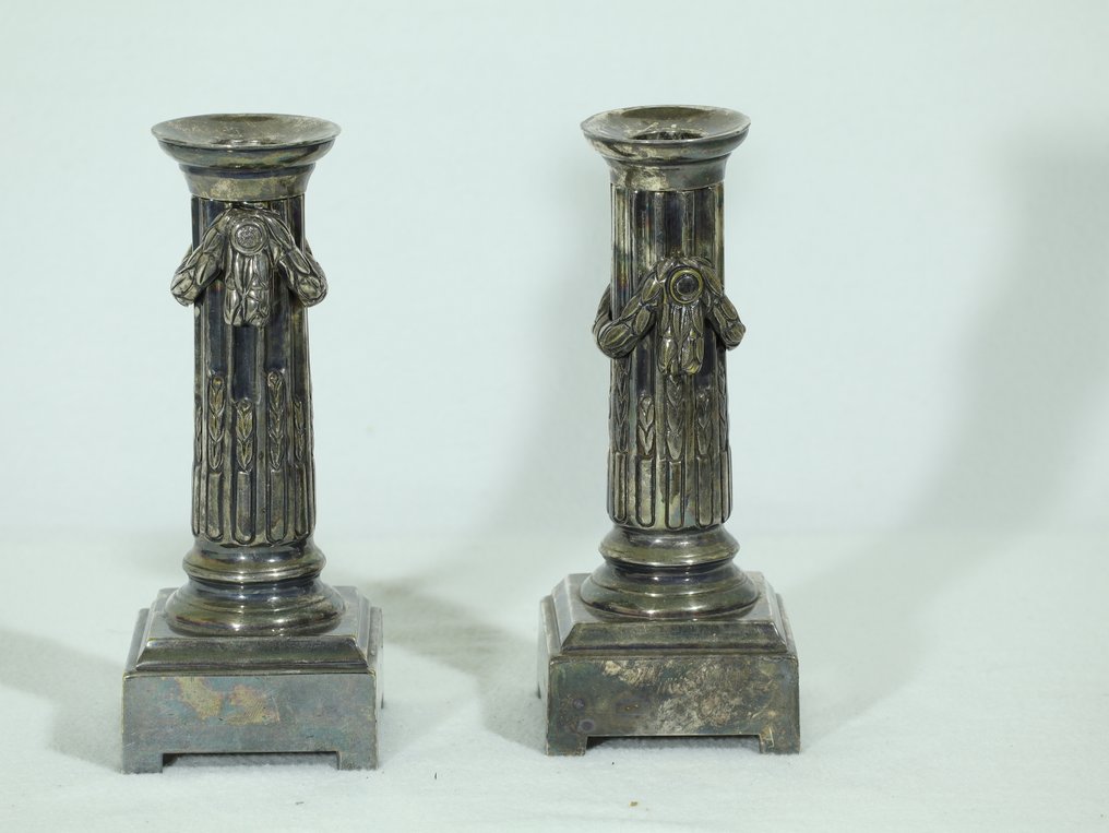 Candeliere (2) - Bronzo argentato - Coppia di candelabri antichi #4.3