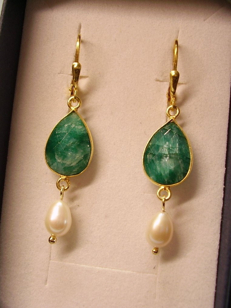 χωρίς τιμή ασφαλείας - Σκουλαρίκια Ασημί, Gold-plated - 11.20ct. tw. Σμαράγδι - Μαργαριτάρι - Σχέδιο χρυσοχοΐας #2.1