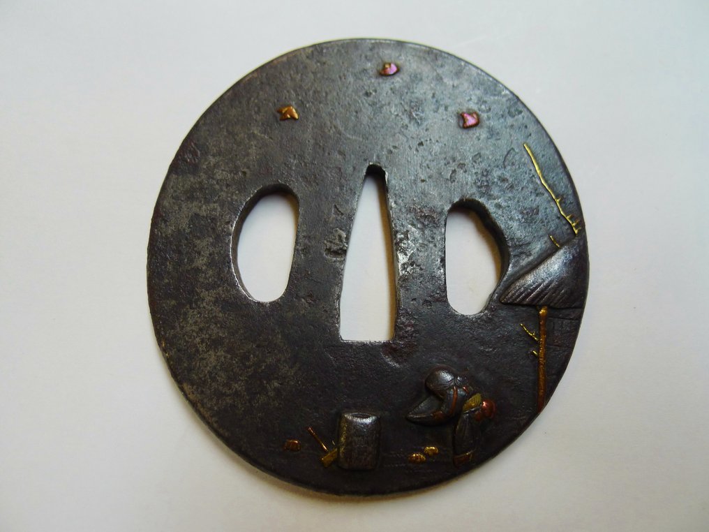 金银镶嵌鸟农夫、篮子、锤子图案的护手带盒子 - 日本 - Mid Edo period #1.0