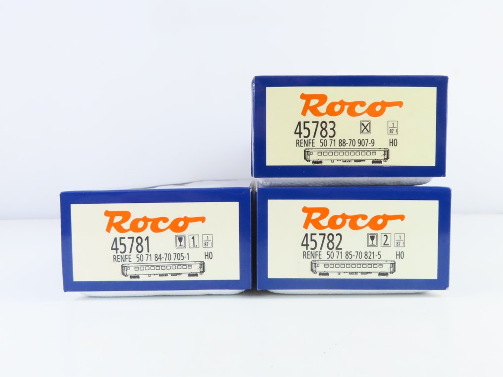 Roco H0 - 45783/45781/45782 - Carrozza passeggeri di modellini di treni (3) - 3x carrozze di treno rapido a 4 posti, prima e seconda classe, incluse carrozze ristorante. - RENFE #4.3