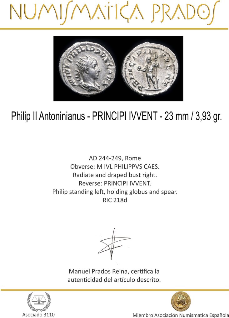 Ρωμαϊκή Αυτοκρατορία. Philip II (AD 247-249). Antoninianus PRINCIPI IVVENT (χωρίς τιμή ασφαλείας) #1.0