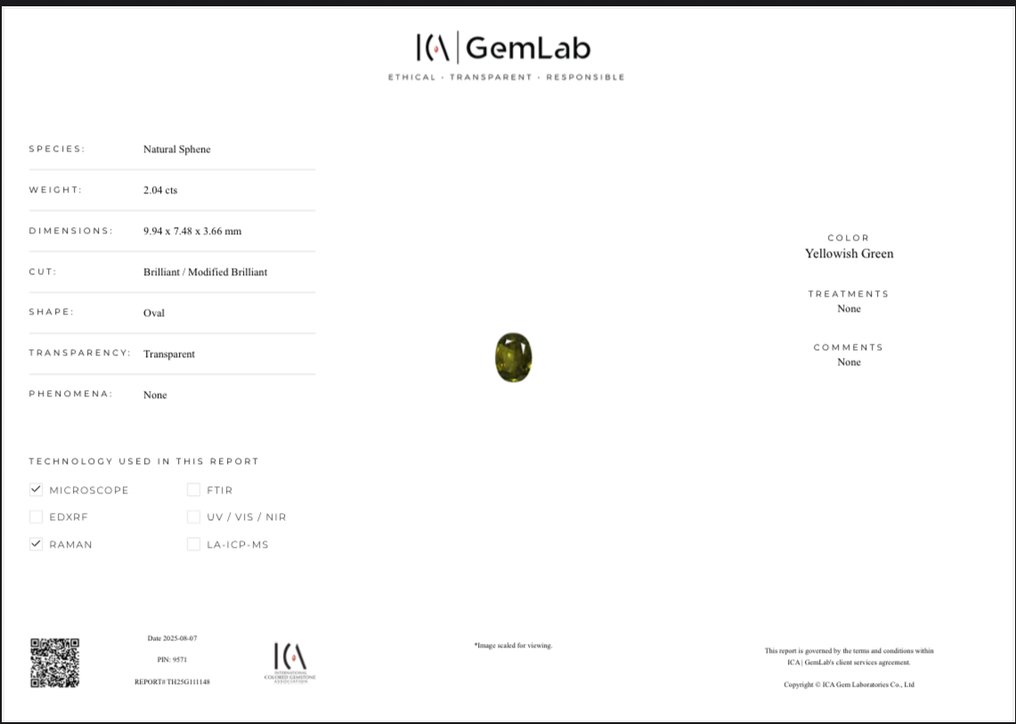 χωρίς τιμή ασφαλείας - 1 pcs  Πράσινο, Κίτρινο Τιτανίτης  - 2.04 ct - Διεθνής Ένωση Έγχρωμων Πολύτιμων Λίθων (ICA GemLab) - Φυσικό Σφένες #2.1